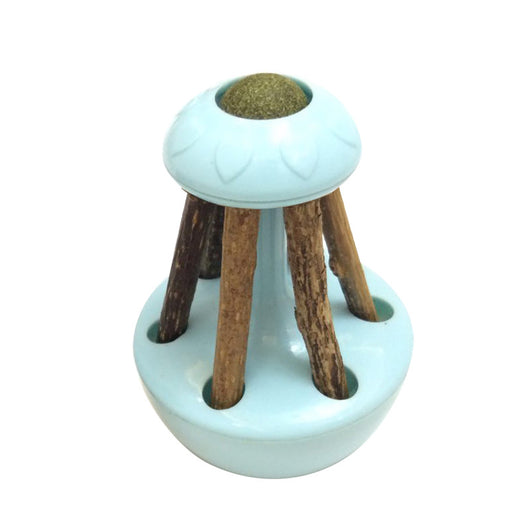 Pink tumbler cat toy with a green catnip ball on top and several natural wooden sticks for chewing. - Image 4