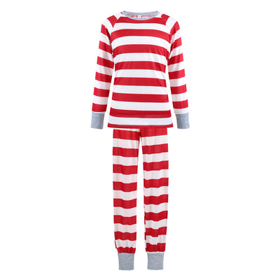 Red and white striped long-sleeve parent-child pajamas, including men's, women's, kids' two-piece sets, and a baby romper. - Image 3