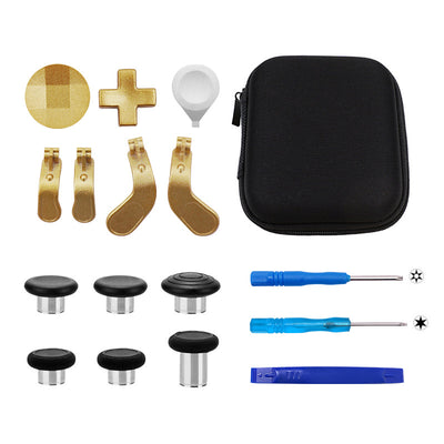 Xbox One Elite Series 2 controller accessory kit with black joysticks, silver D-pads, paddles, screwdrivers, and a storage bag. - Image 13