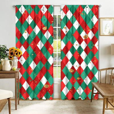 Christmas curtain with a snowy village scene, Santa Claus, flying reindeer, and piles of wrapped gifts. - Image 14