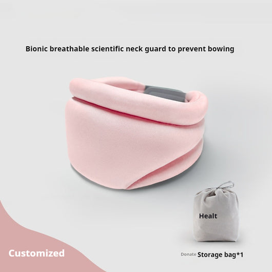 Pink bionic breathable neck guard for cervical vertebra care, designed to prevent bowing and neck leaning forward, shown with a grey storage bag. - Image 8