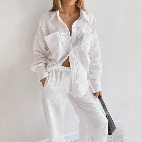 Pijama Largo de Doble Gasa para Mujer - Camisa y Pantalón