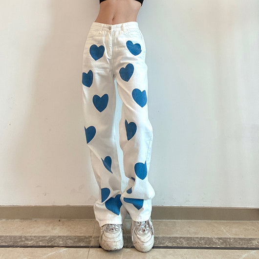 Pantalón Denim Talle Alto Recto con Estampado de Corazones - Image 2