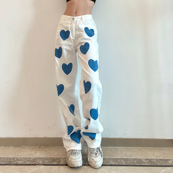 Pantalón Denim Talle Alto Recto con Estampado de Corazones