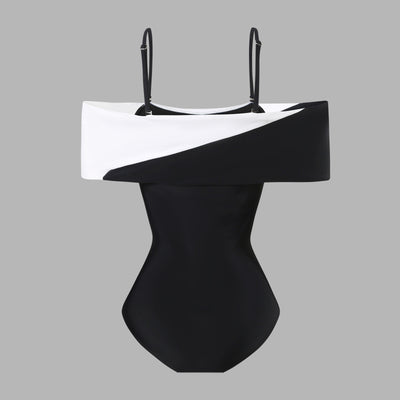 Black one-piece swimsuit with a deep V-neckline and white horizontal stitching detail across the plunge. - Image 21