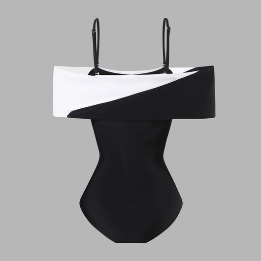Black one-piece swimsuit with a deep V-neckline and white horizontal stitching detail across the plunge. - Image 21