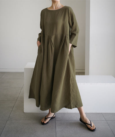Vestido Lino Suelto Talla Grande - Blusa Larga Estilo Estudiante Cuello Redondo - Image 12