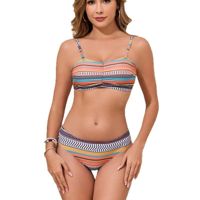Four-piece swimsuit set with a colorful striped bikini, tassel shorts, and a matching kimono cover-up. - Image 15
