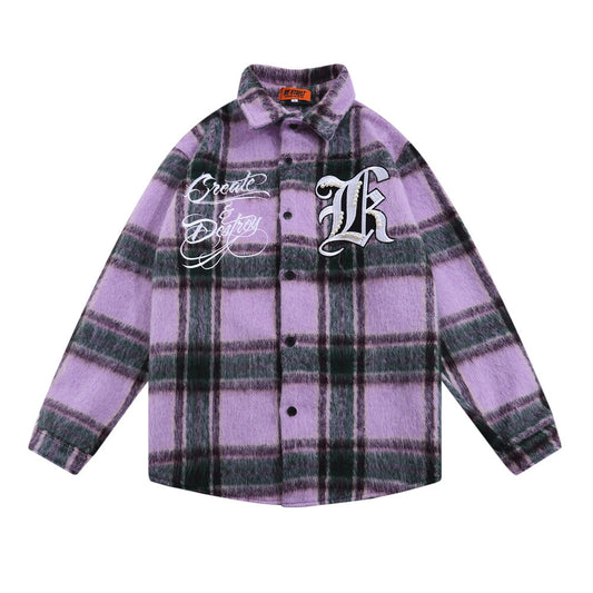 Camisa de Lana Escocesa con Letras Bordadas a Juego de Colores