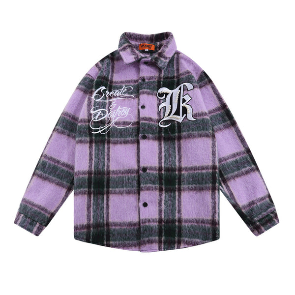 Camisa de Lana Escocesa con Letras Bordadas a Juego de Colores