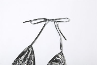 Purple reflective two-piece bikini with a halter neck top and tie-side bottoms, featuring a shiny solid color fabric. - Image 22