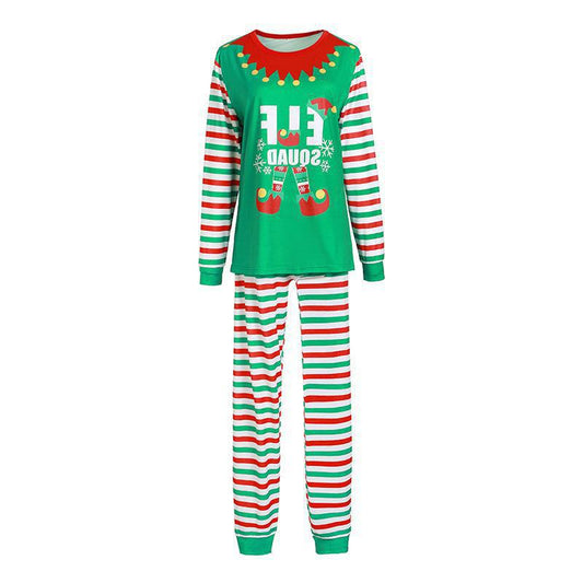 Family of four wearing matching green and red striped Christmas pajamas with "ELF SQUAD" and elf boot graphics. - Image 2