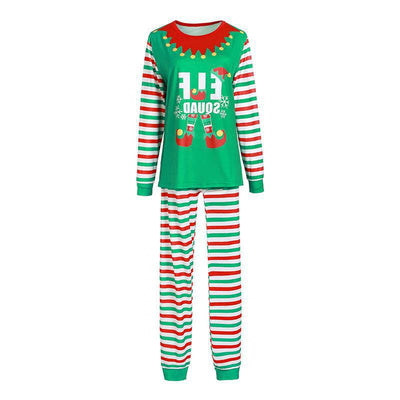 Family of four wearing matching green and red striped Christmas pajamas with "ELF SQUAD" and elf boot graphics. - Image 2