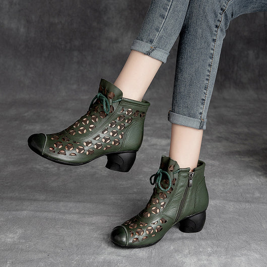 Sandalias Mujer Piel Tacón Medio Chunky Cordones Punta Redonda