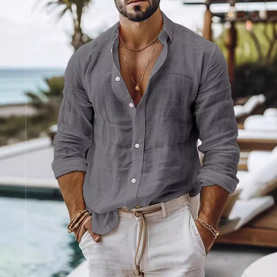 Camisa Casual de Algodón y Lino para Hombre - Manga Larga Color Sólido
