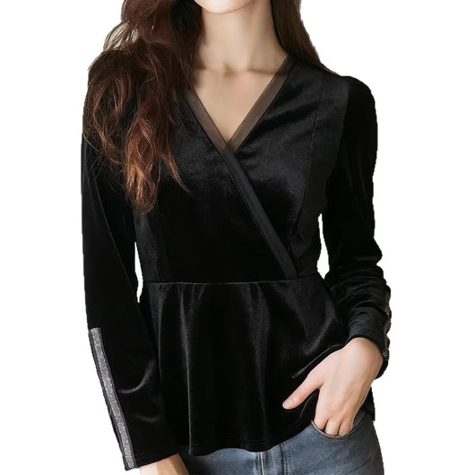 Blusa de Terciopelo Negra Ajustada al Cuerpo con Cintura Fruncida y Mangas Largas - Image 4