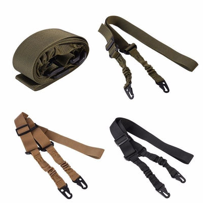 Black crossbody nylon strap with elastic sections, adjustable buckles, and two metal hooks for tension adjustment. - Image 17