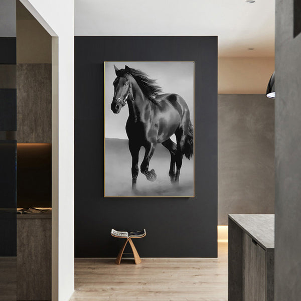 Cuadro Caballo Negro Moderno para Sala de Estar - Arte de Pared Contemporáneo