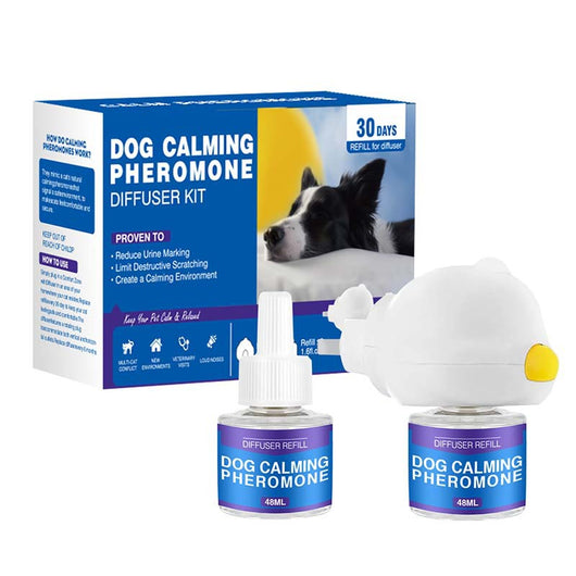 Cat Calming Pheromone Diffuser Kit with a white plug-in diffuser and a green refill bottle, next to its green and white box. - Image 5