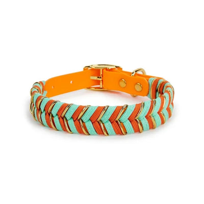 Braided dog collar with chevron pattern in cream and brown, featuring a cream strap and gold-tone metal buckle. - Image 14