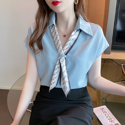 Blusa Elegante de Gasa con Escote V y Mangas Cortas - Image 4