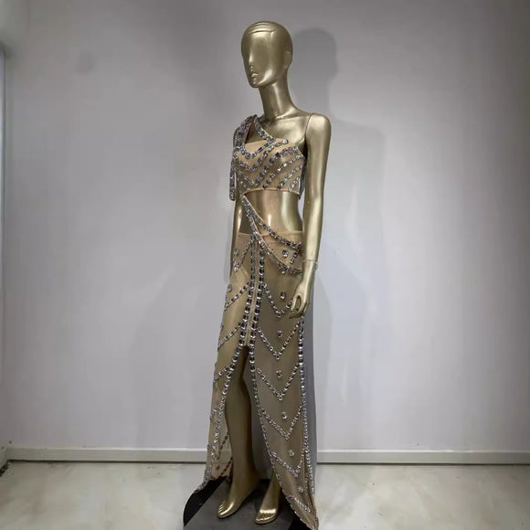 Traje Vestido Brillante con Cristales Decorativos