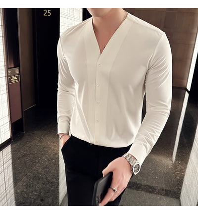 Camisa de Cuello V Manga Larga con Textura Waffle para Hombre - Image 37