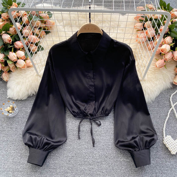 Top Crop Satinado Ajustado Estilo Cocción Ligera para Mujer
