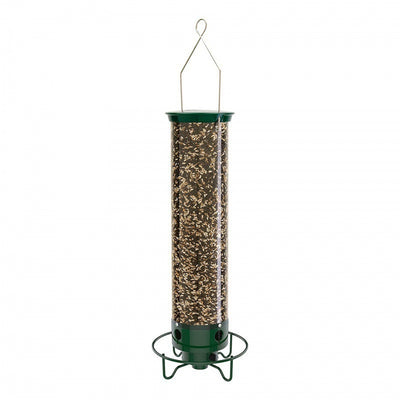 Green and clear tube hanging bird feeder with a metal wire hanger, designed for attracting hummingbirds. - Image 4