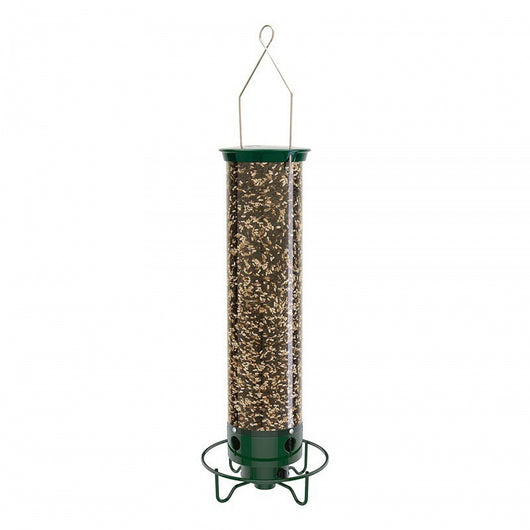 Green and clear tube hanging bird feeder with a metal wire hanger, designed for attracting hummingbirds. - Image 4