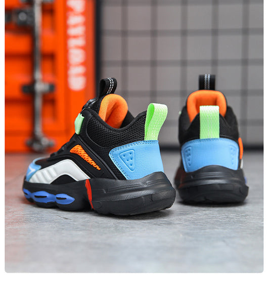 Black, white, and neon green children's basketball shoes with rotating buckle closure, featuring a mid-top design. - Image 20