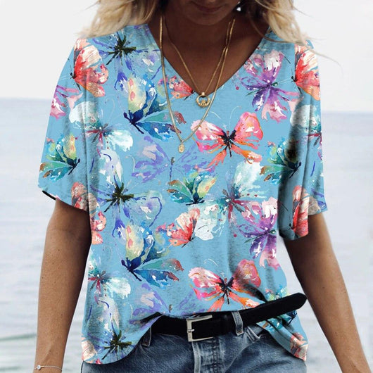 Blusa Casual con Estampado Animal Cuello V Manga Corta Personalizable - Image 20