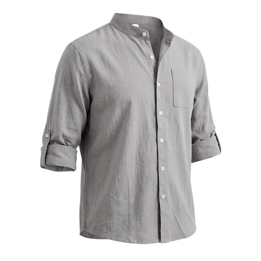 Camisa de Lino Estilo Americano con Cuello Mao y Mangas Medianas para Hombre - Image 13