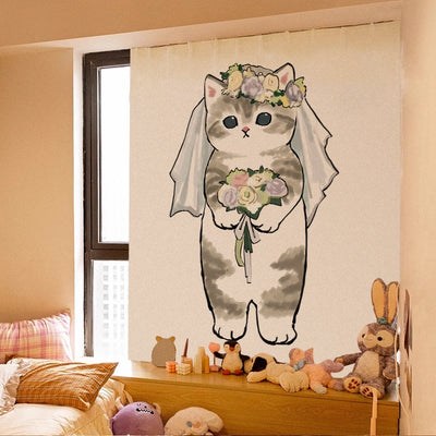 Cute cartoon curtain featuring a grey tabby kitten riding on a brown Shiba Inu puppy, with punch-free Velcro installation. - Image 29
