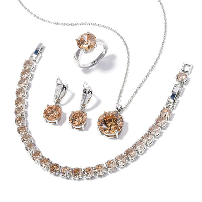 Four-piece jewelry set with silver-toned metal and round deep pink gemstones, including a necklace, bracelet, ring, and earrings. - Image 9