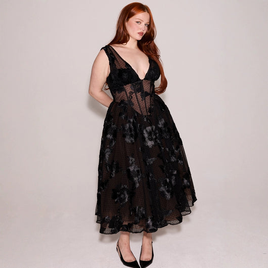 Vestido de Noche Elegante Negro Escote en V Profundo Malla