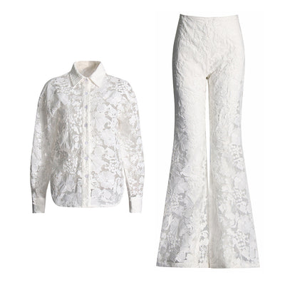 Conjunto Elegante: Blusa Bordada Transparente con Pantalón Talle Alto - Image 4