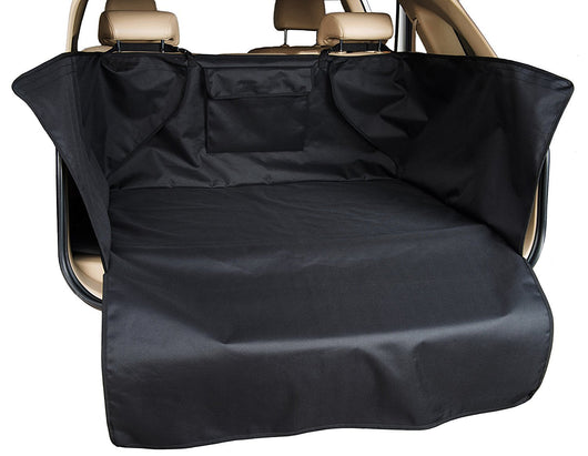 Black waterproof 600D Oxford cloth pet mat covering a vehicle's cargo area, featuring side flaps and a storage pocket. - Image 13