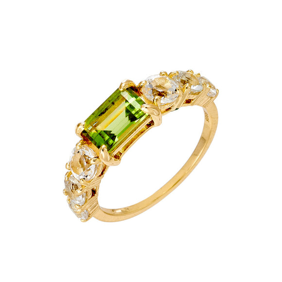 Anillo Rectangular de Plata 925 con Baño de Oro K e Incrustación de Olivino Verde