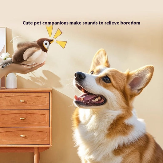 Plush interactive bird toy with brown head, cream body, yellow beak, and spotted feather tail. - Image 11