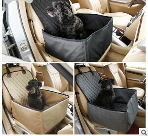Black quilted waterproof pet seat cover and booster pad installed in a beige car, with a black dog sitting on it. - Image 12