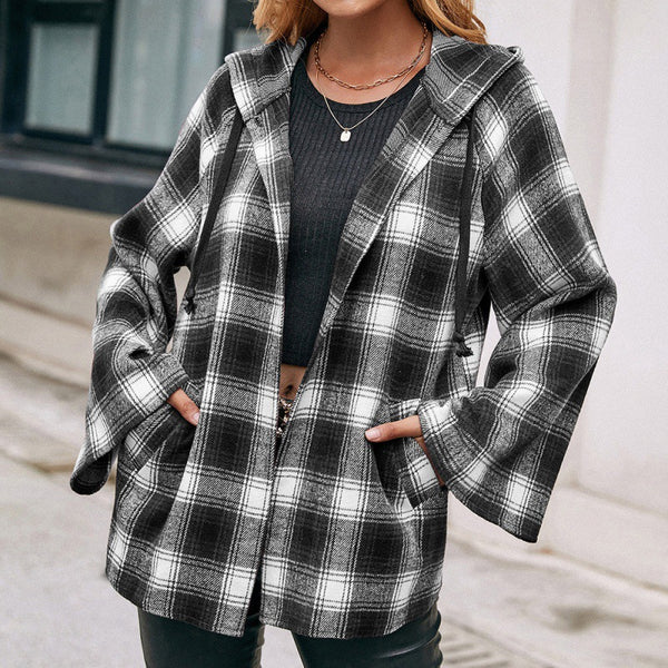 Cardigan Suelto a Cuadros con Capucha