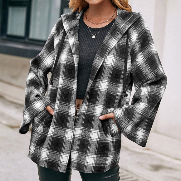 Cardigan Suelto a Cuadros con Capucha