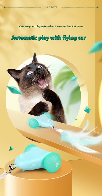 Blue smart cat toy with teal wheels and an attached light blue feather wand, plus a butterfly attachment with bell. - Image 12
