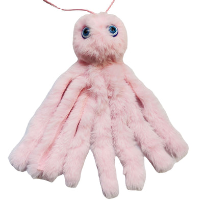 Purple plush cat teaser toy with googly eyes, elastic strings, and a pink flower attachment, resembling an octopus. - Image 8