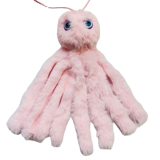 Purple plush cat teaser toy with googly eyes, elastic strings, and a pink flower attachment, resembling an octopus. - Image 8