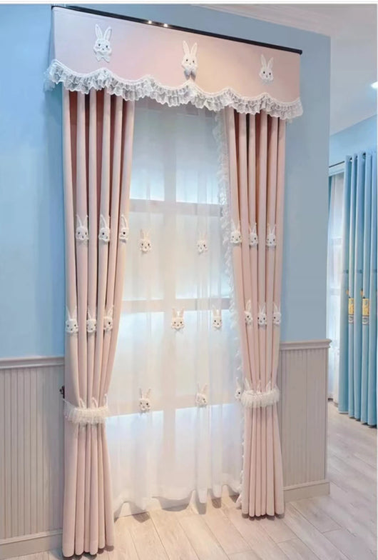 Pink curtains with white plush rabbit appliques, paired with a sheer white inner curtain also featuring rabbit designs. - Image 8