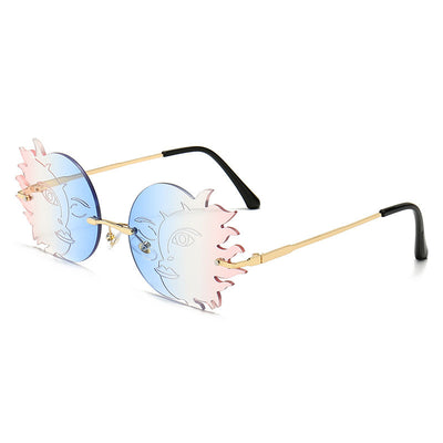 Orange sun-shaped rimless sunglasses with gold metal frames and black earpieces, featuring a smiling face design. - Image 6
