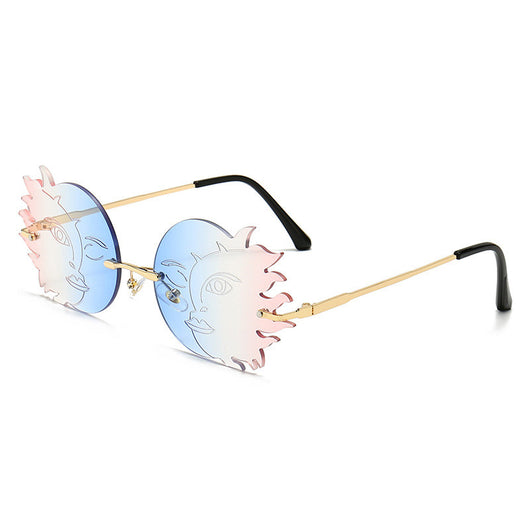 Orange sun-shaped rimless sunglasses with gold metal frames and black earpieces, featuring a smiling face design. - Image 6