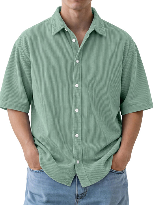 Camisa de Pana Suelta para Hombre - Manga Corta Color Sólido - Image 9